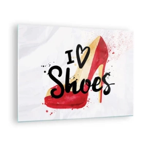 Schilderen op glas - Een rode hoge hak en de tekst 'I love shoes' op een lichte achtergrond - 70x50cm - Liefde heeft vele namen - Moderne wanddecoratie voor woonkamer en slaapkamer ARTTOR