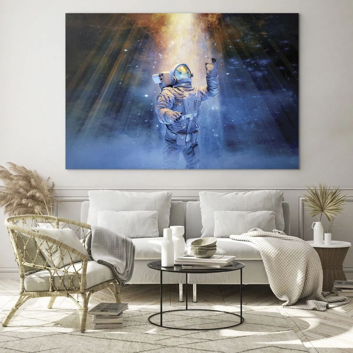 Schilderen op glas - Een astronaut in de ruimte, verlicht door lichtstralen - 70x50cm - Eindelijk aan het einde - Moderne wanddecoratie voor woonkamer en slaapkamer ARTTOR