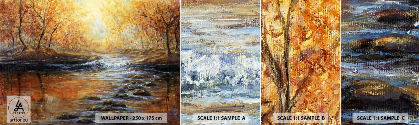 Fotobehang Monster Zelfklevend Deluxe Sticker - De gouden stroom - Landschap, Berg rivier, Woud - 100x30 cm