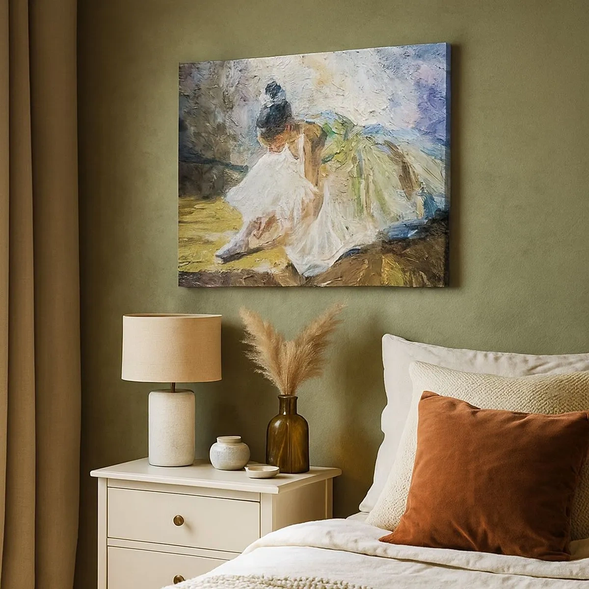 Schilderen op canvas - Een ballerina in een witte jurk in schilderachtige stijl tegen een impressionistische achtergrond. - 70x50cm - Naar een schilderij van Degas - Moderne wanddecoratie voor woonkamer en slaapkamer ARTTOR