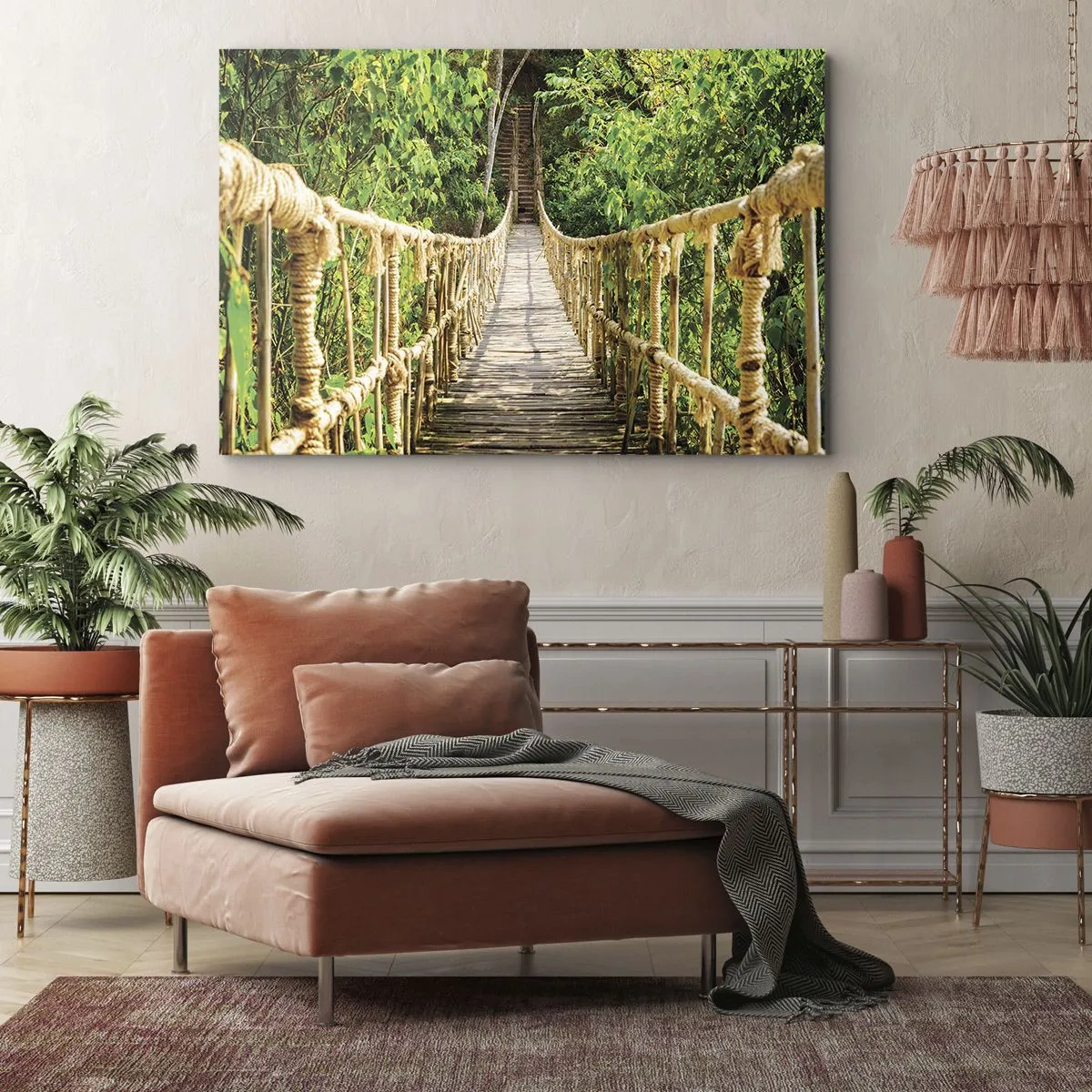 Schilderen op canvas - Een hangbrug in een tropisch bos vol groen - 70x50cm - Opgeschort in het groen - Moderne wanddecoratie voor woonkamer en slaapkamer ARTTOR