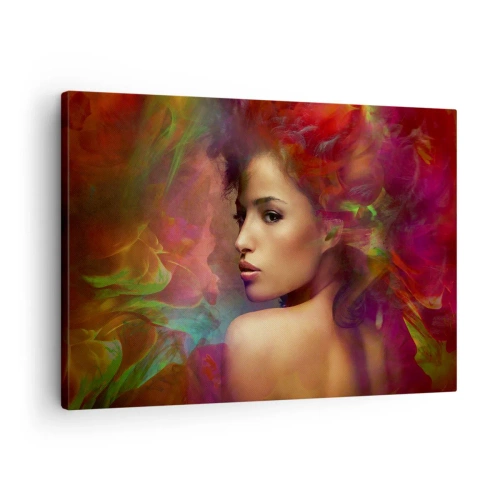 Schilderen op canvas - Een vrouw met kleurrijke reflecties die een abstracte achtergrond creëren - 70x50cm - Mooier dan een regenboog, zo delicaat als een mist - Moderne wanddecoratie voor woonkamer en slaapkamer ARTTOR