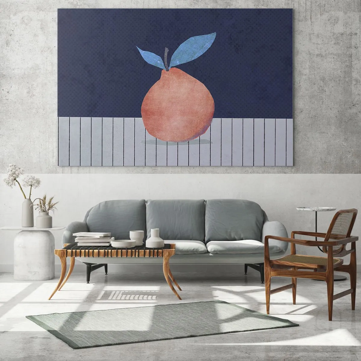 Schilderen op glas - Een vrucht met een abstracte vorm tegen een geometrische compositie - 70x50cm - Convexiteit en vlak - Moderne wanddecoratie voor woonkamer en slaapkamer ARTTOR