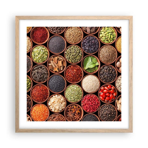 Een poster in een licht eiken lijst - Alle smaken van de wereld - 50x50 cm
