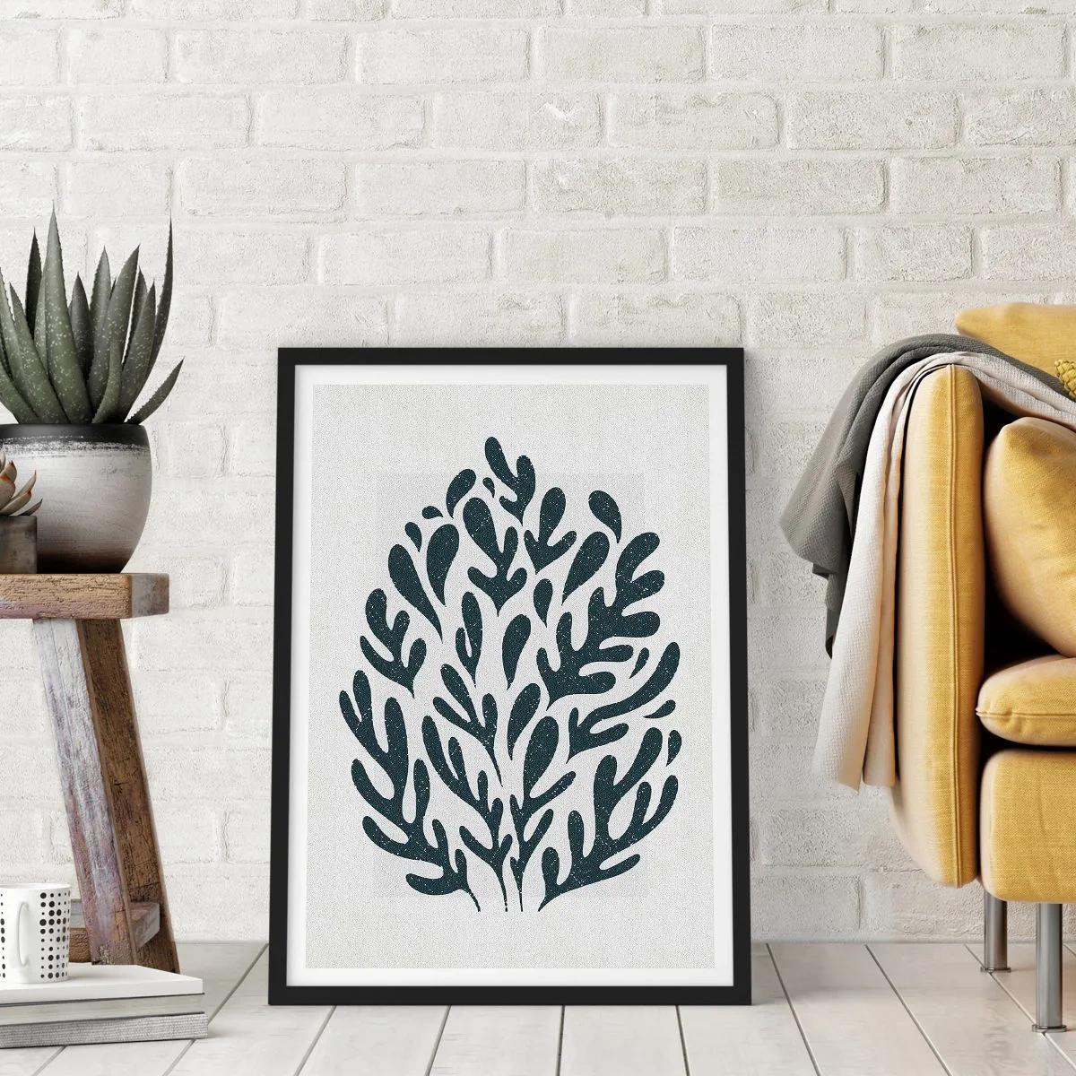 Poster in een zwarte lijst - Zwarte plantencompositie op een lichte achtergrond - 50x70cm - Vormen van de natuur - Moderne wanddecoratie voor woonkamer en slaapkamer ARTTOR