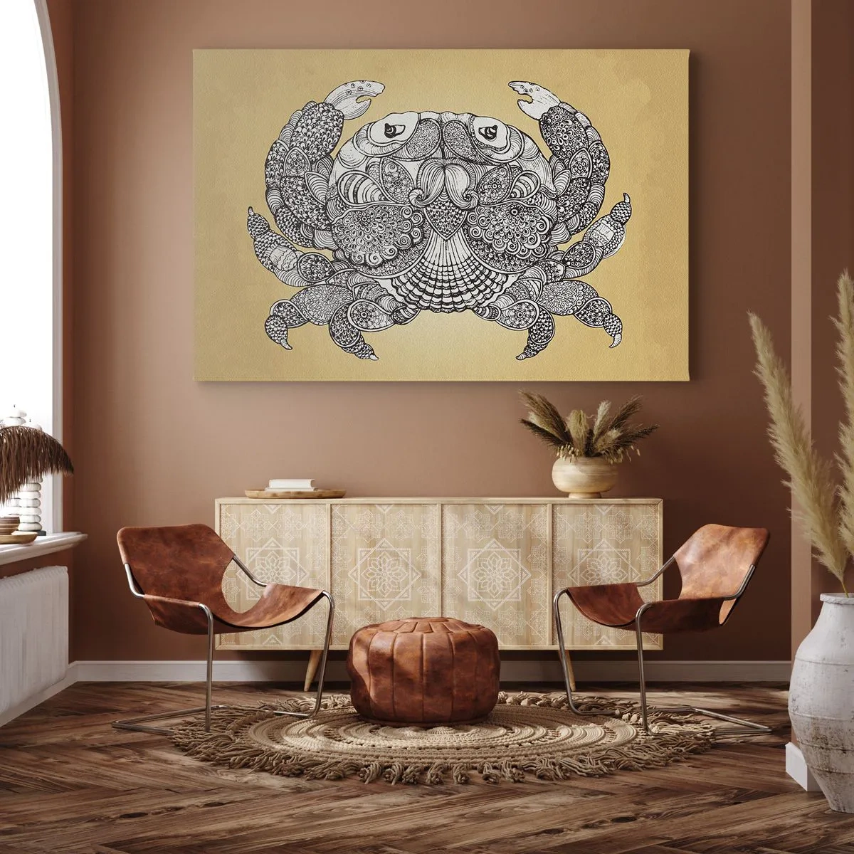 Schilderen op canvas - Decoratieve tekening van een krab op een gouden achtergrond - 70x50cm - Verhalen van meneer Krabs - Moderne wanddecoratie voor woonkamer en slaapkamer ARTTOR