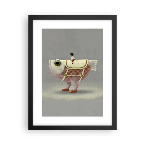 Poster in een zwarte lijst - Ruiter op een surrealistische vis - 30x40 cm