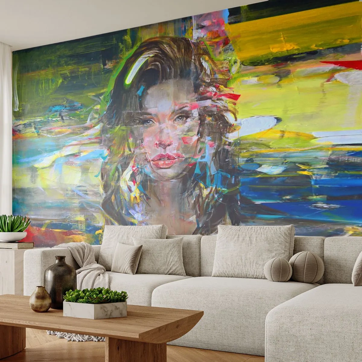 Zelfklevend Fotobehang Deluxe Sticker - Achter de lucht een gordijn - Portret van een vrouw, Gezicht, Abstractie - 100x70 cm