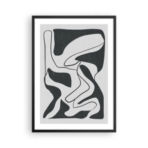 Poster in een zwarte lijst - Zwart-wit abstractie met organische vormen - 50x70cm - Abstract doolhofplezier - Moderne wanddecoratie voor woonkamer en slaapkamer ARTTOR