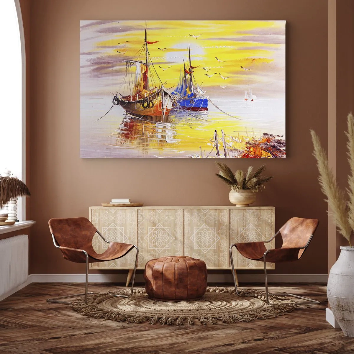 Schilderen op canvas - Een schilderachtig tafereel van boten op een kalme zee - 70x50cm - Een welverdiende rust in de haven - Moderne wanddecoratie voor woonkamer en slaapkamer ARTTOR