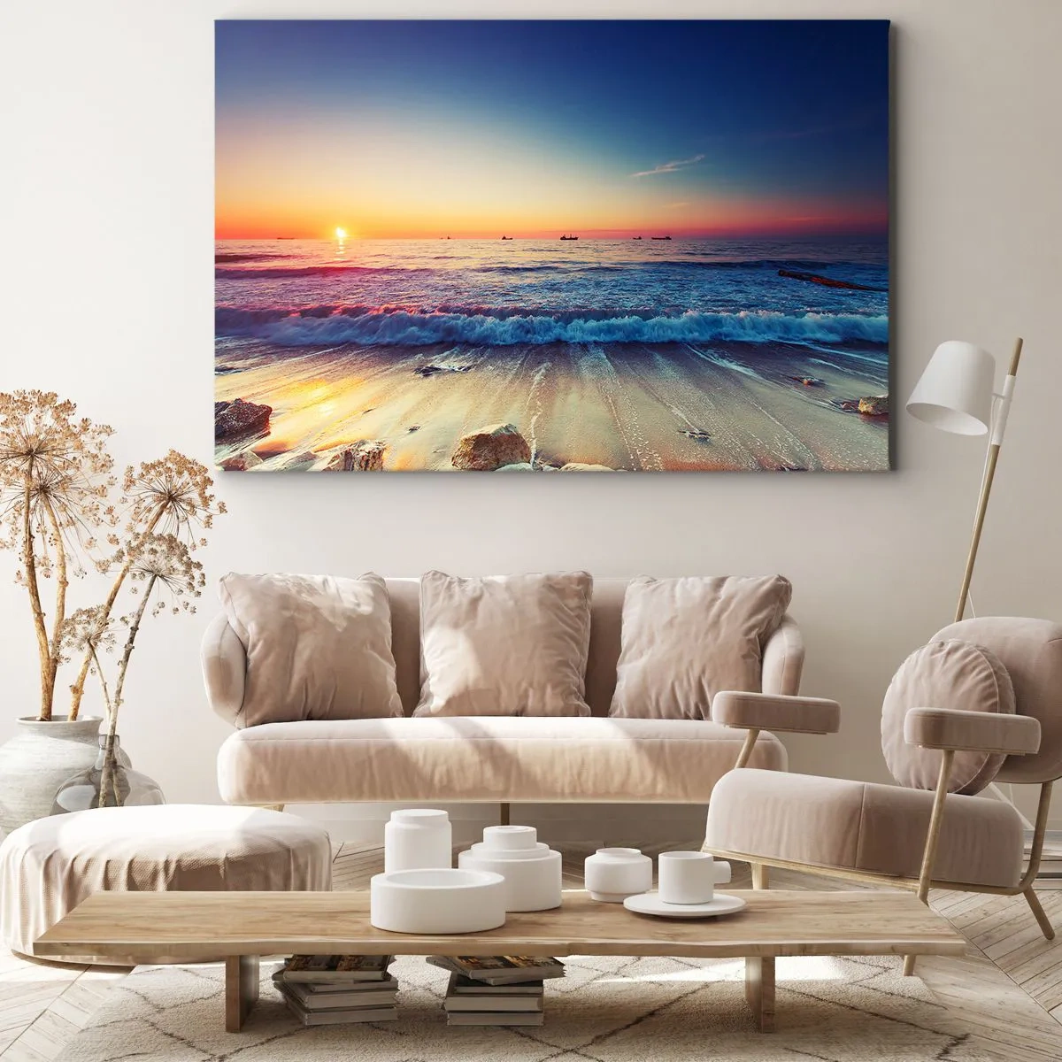 Schilderen op canvas - Zonsondergang boven een kalme zee met golven - 70x50cm - Hoe zit het met de horizon? - Moderne wanddecoratie voor woonkamer en slaapkamer ARTTOR