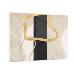 Schilderen op glas - Gouden en beige lijnen vormen lussen op een zwarte strepenachtergrond. - 70x50cm - Verwarde vormen - Moderne wanddecoratie voor woonkamer en slaapkamer ARTTOR