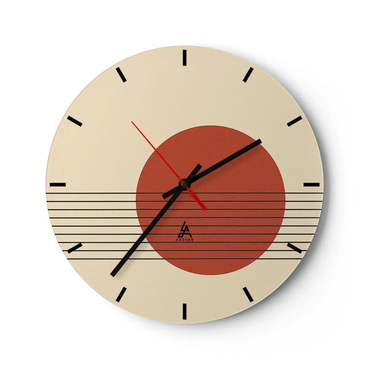 Wandklok - Klok - Geometrisch motief met een oranje cirkel en zwarte lijnen - 30x30cm - Opnieuw en opnieuw en verder - Moderne wanddecoratie voor woonkamer, keuken en slaapkamer ARTTOR