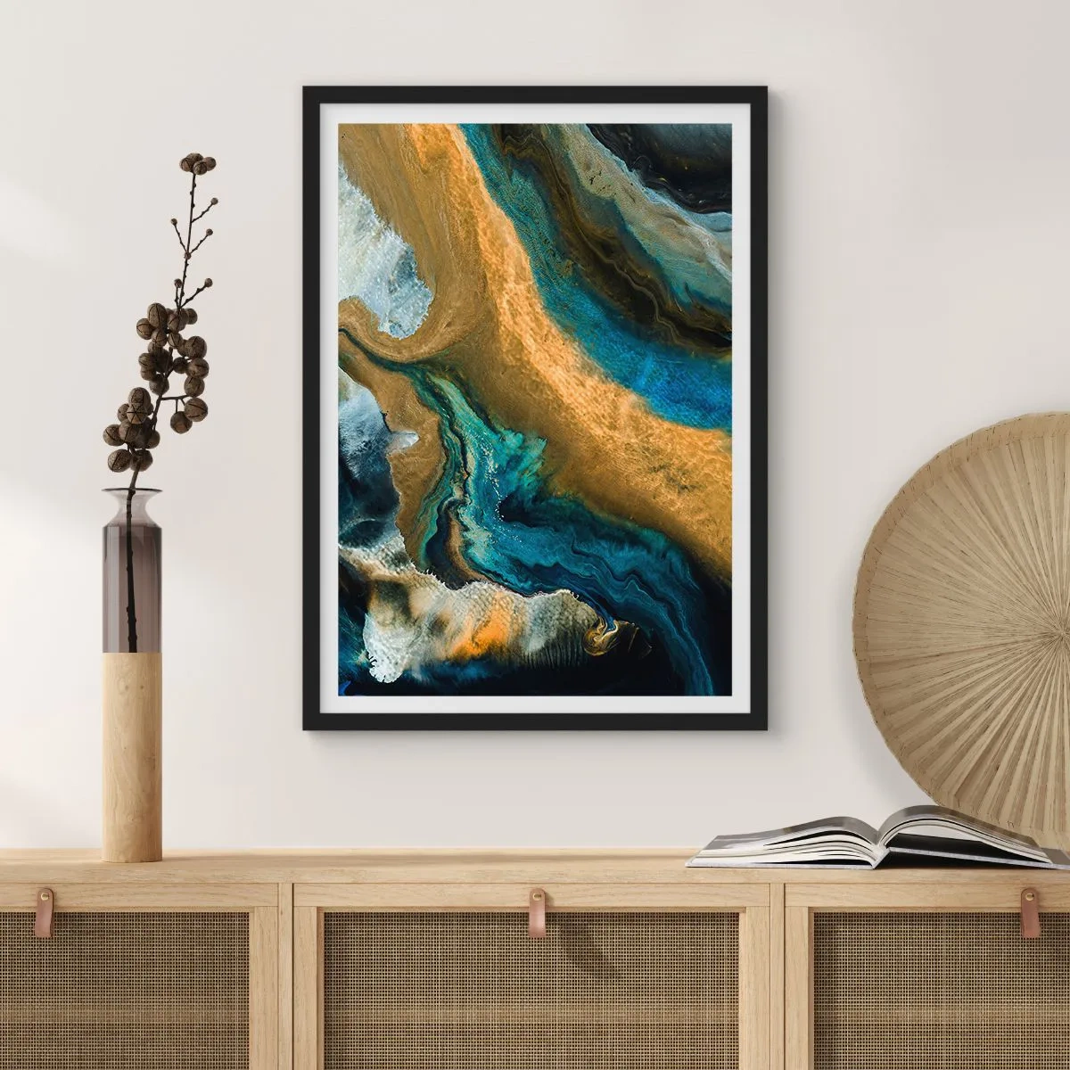 Poster in een zwarte lijst - Een abstracte compositie in tinten goud en blauw. - 50x70cm - Blauw - geel - wederzijdse invloeden - Moderne wanddecoratie voor woonkamer en slaapkamer ARTTOR