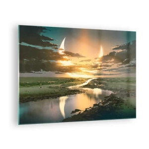 Schilderen op glas - Een fantastisch landschap met een dubbele maan boven de rivier - 70x50cm - Ergens in een sterrenstelsel ver, ver weg - Moderne wanddecoratie voor woonkamer en slaapkamer ARTTOR