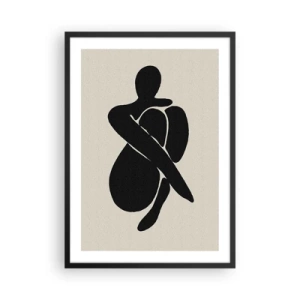 Poster in een zwarte lijst - Abstract figuur in een pose met armen om het lichaam geslagen, zwart-wit illustratie - 50x70cm - In je eigen armen - Moderne wanddecoratie voor woonkamer en slaapkamer ARTTOR