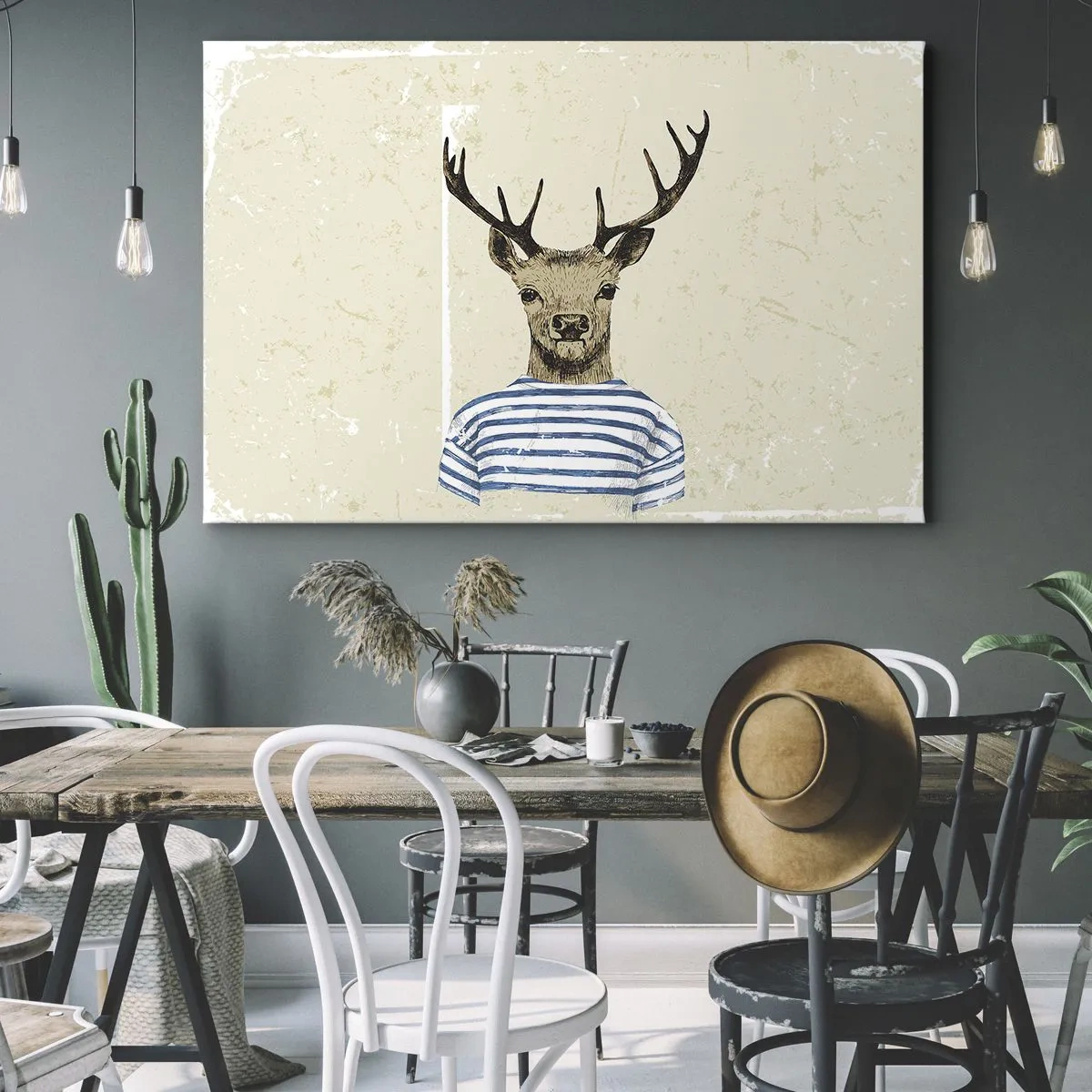 Schilderen op canvas - Een hert in een gestreept shirt op een lichte achtergrond met een delicate textuur - 70x50cm - Omdat ik van gestreepte t-shirts hou! - Moderne wanddecoratie voor woonkamer en slaapkamer ARTTOR