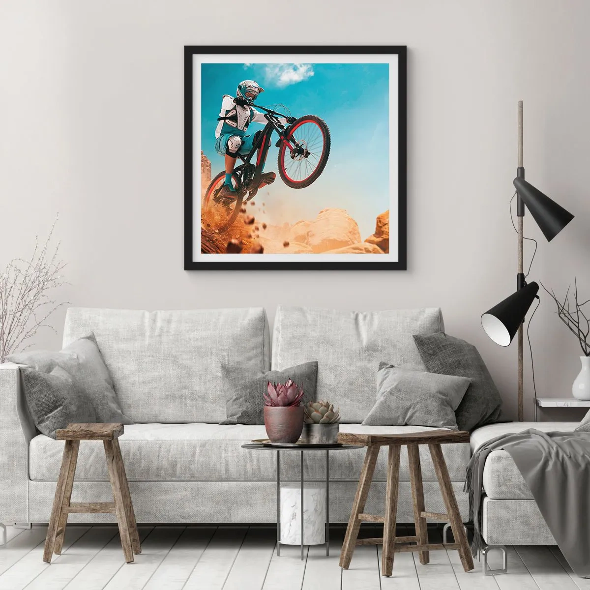 Poster in een zwarte lijst - Fiets waanzin demon - 60x60 cm
