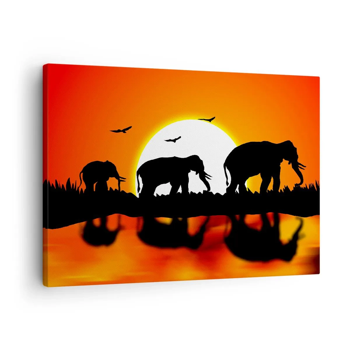 Schilderen op canvas - Silhouetten van olifanten bij zonsondergang boven water met weerspiegeling - 70x50cm - En 's avonds voor een drankje - Moderne wanddecoratie voor woonkamer en slaapkamer ARTTOR