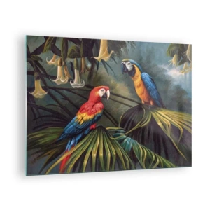 Schilderen op glas - Twee kleurrijke papegaaien tegen de achtergrond van een tropische jungle - 70x50cm - Romantiek in de tropen - Moderne wanddecoratie voor woonkamer en slaapkamer ARTTOR