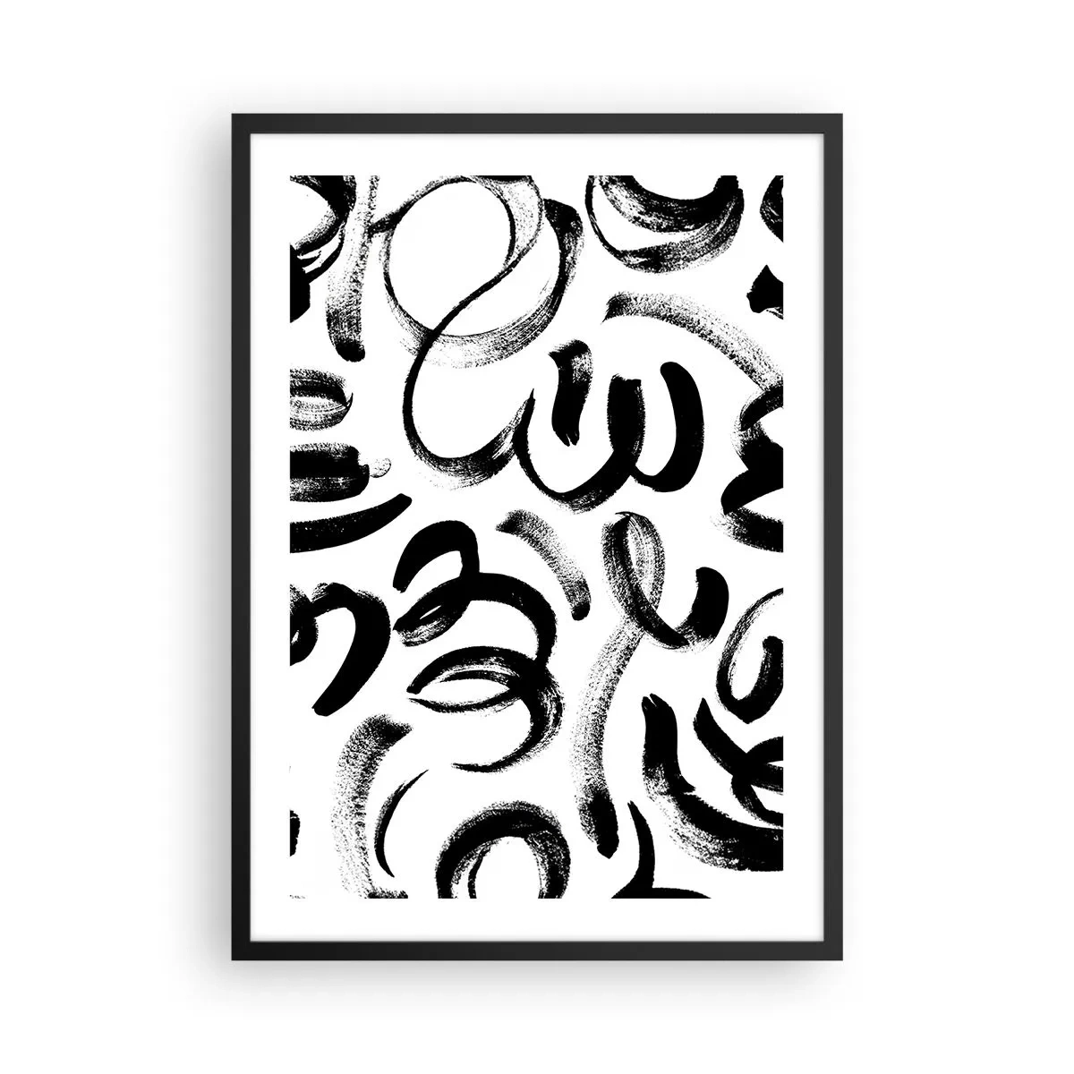 Poster in een zwarte lijst - Abstracte zwarte penseelstreken op een witte achtergrond - 50x70cm - Zwart op wit - Moderne wanddecoratie voor woonkamer en slaapkamer ARTTOR