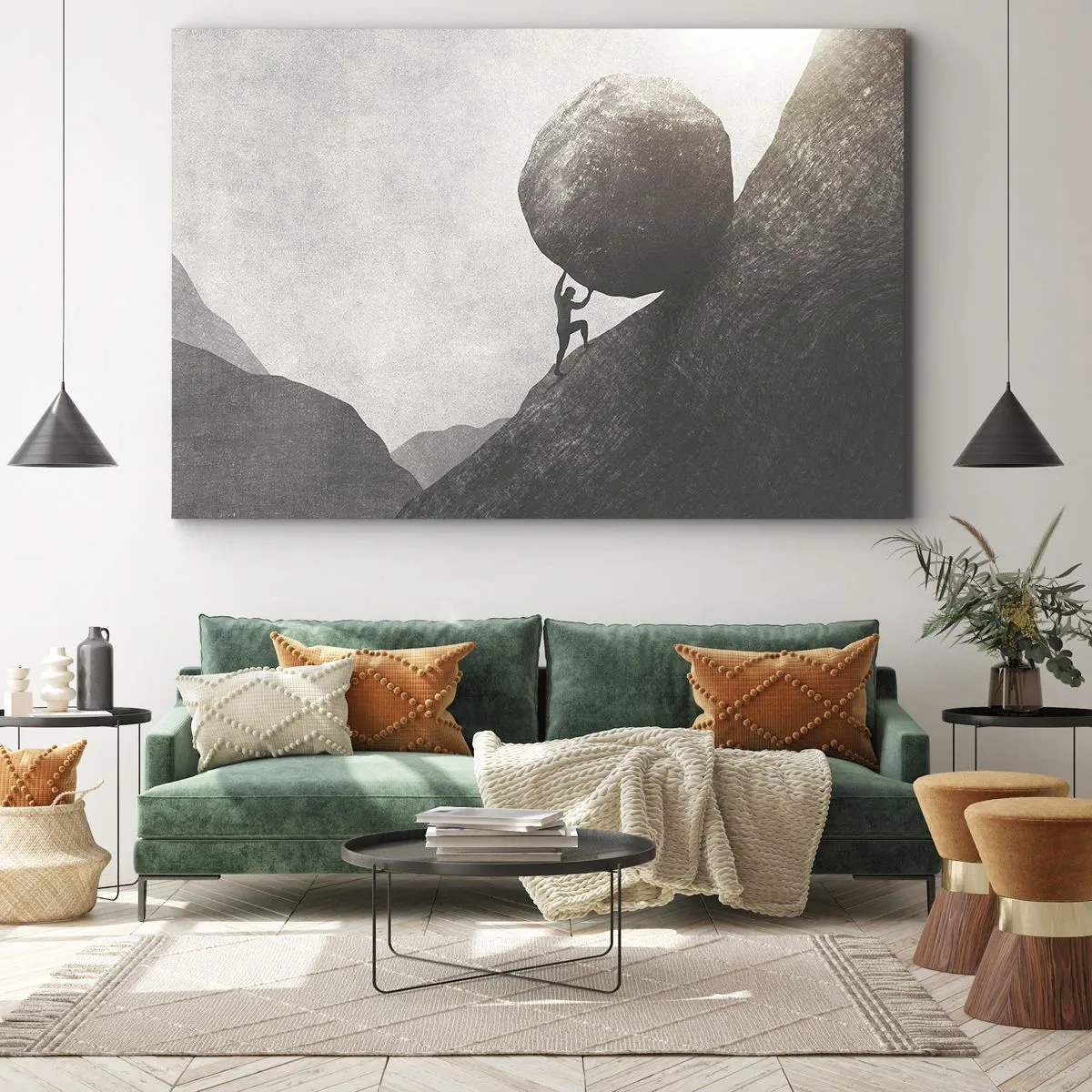 Schilderen op canvas - Een man beklimt een enorme rots op een heuvel - 70x50cm - Ik geloof tegen alle hoop in - Moderne wanddecoratie voor woonkamer en slaapkamer ARTTOR