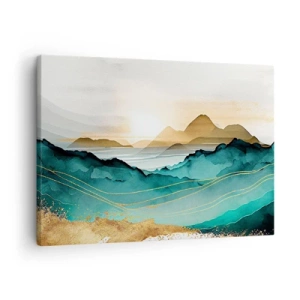 Schilderen op canvas - Abstract landschap met bergen en gouden accenten - 70x50cm - Op de rand van abstractie – landschap - Moderne wanddecoratie voor woonkamer en slaapkamer ARTTOR