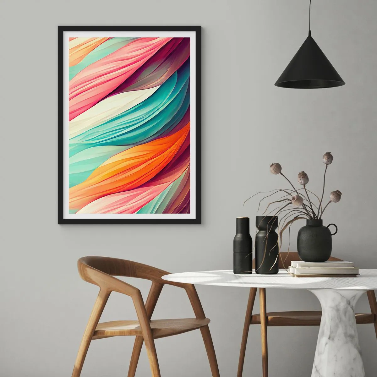 Poster in een zwarte lijst - Een abstracte compositie van golvende lijnen in intense kleuren. - 50x70cm - Regenboog geweven - Moderne wanddecoratie voor woonkamer en slaapkamer ARTTOR