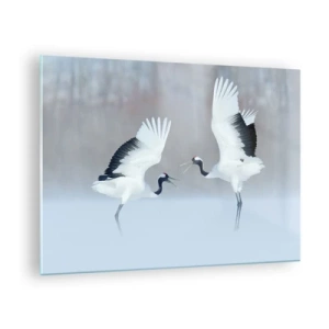 Schilderen op glas - Dansende kraanvogels tegen de achtergrond van een winterlandschap - 70x50cm - Dans in de mist - Moderne wanddecoratie voor woonkamer en slaapkamer ARTTOR