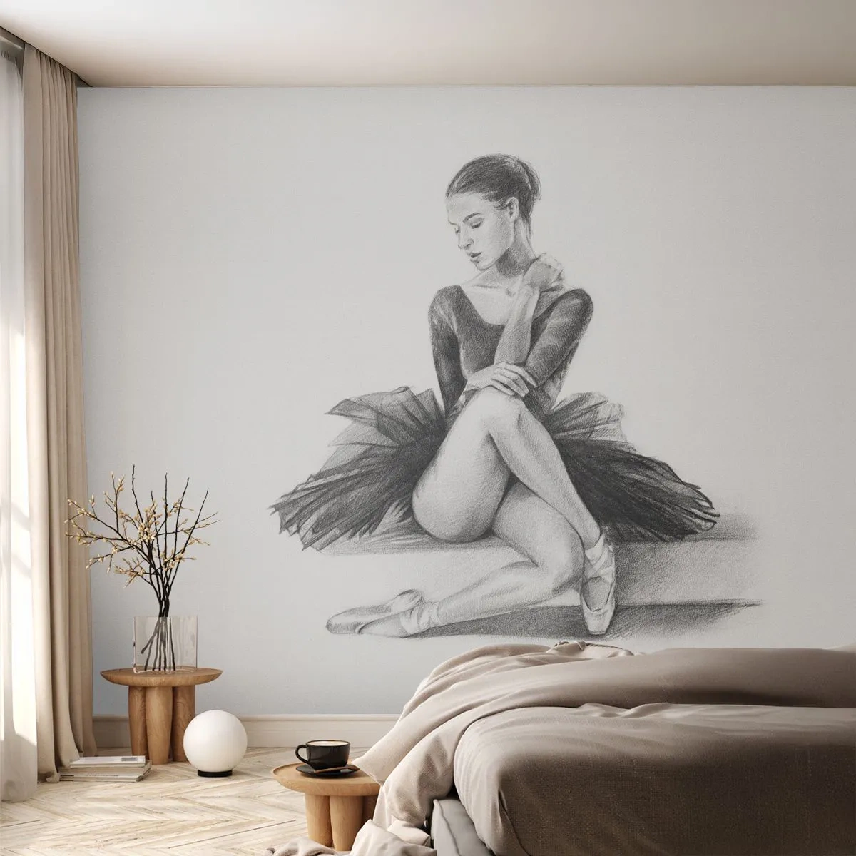 Fotobehang Standard Eco - Schets van een ballerina zittend in een zwarte tutu - 100x70cm - Betoverd door de dans - Moderne wanddecoratie voor woonkamer en slaapkamer ARTTOR