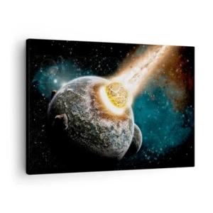 Schilderen op canvas - Kosmische botsing van een planeet met een asteroïde in de buurt van de Melkweg. - 70x50cm - Vernietiging of geboorte - Moderne wanddecoratie voor woonkamer en slaapkamer ARTTOR