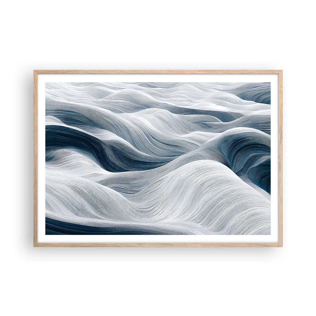 Een poster in een licht eiken lijst - Witte en blauwe golven - 100x70 cm