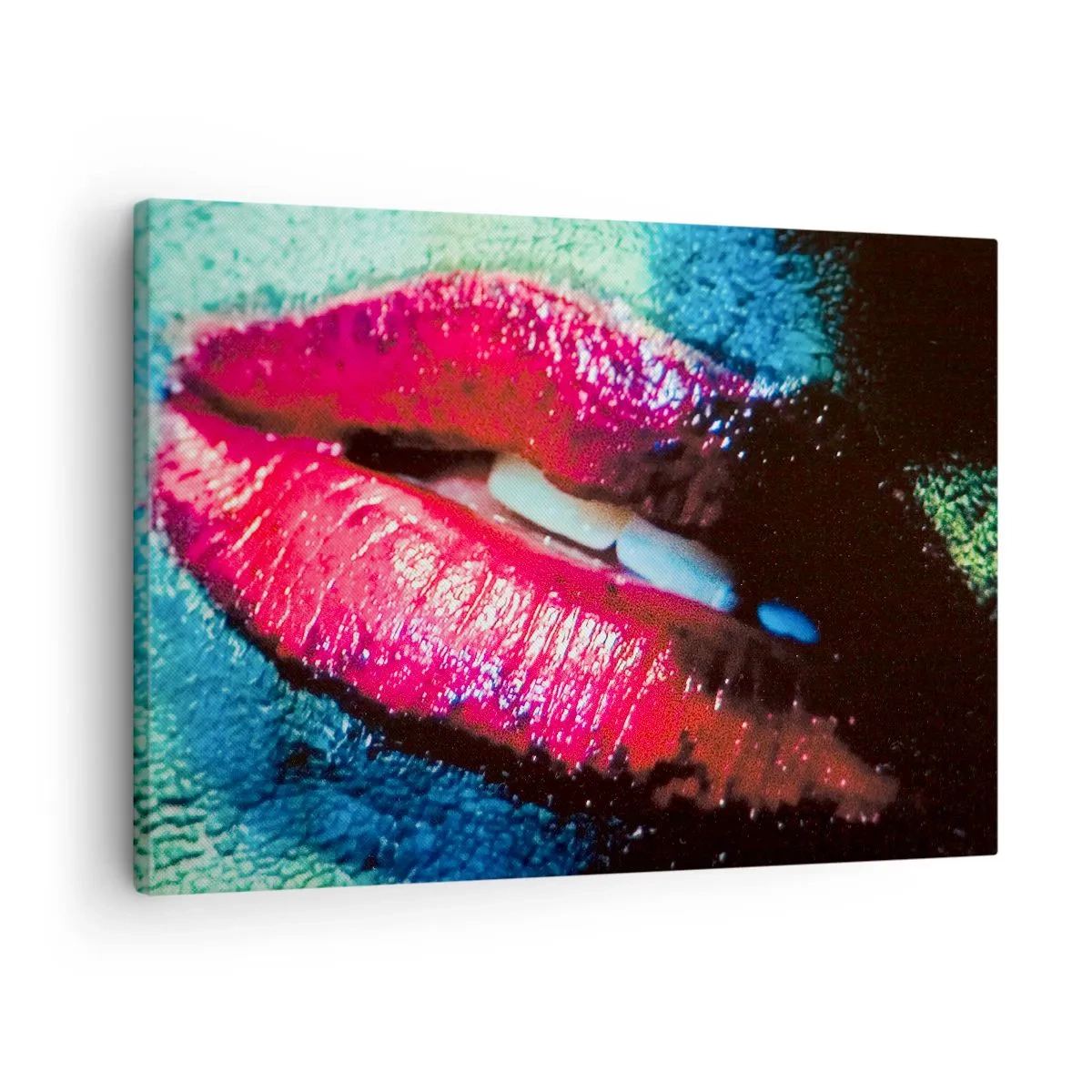 Schilderen op canvas - Close-up van kleurrijke, glanzende lippen tegen een artistieke achtergrond - 70x50cm - Sensueel en verontrustend - Moderne wanddecoratie voor woonkamer en slaapkamer ARTTOR