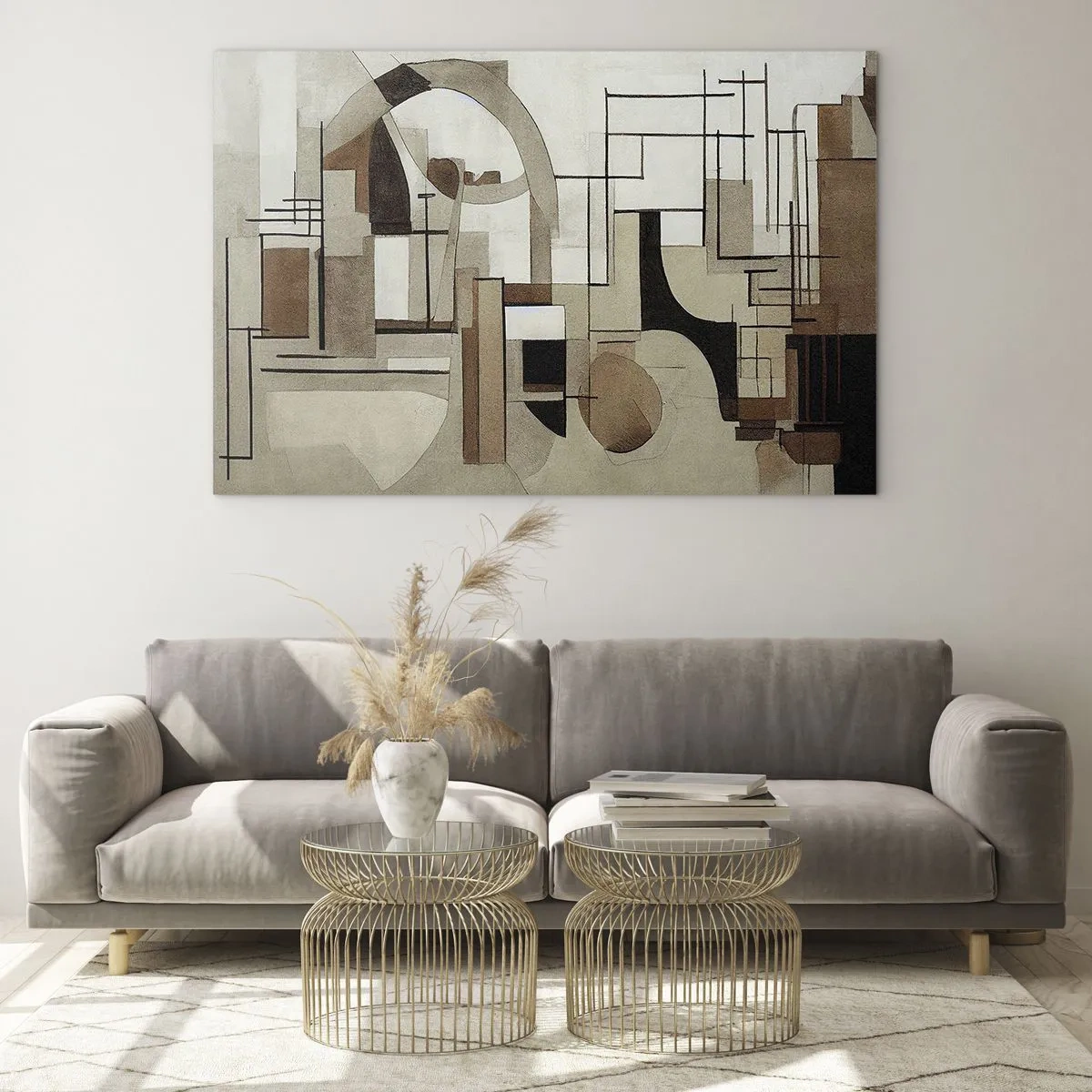 Schilderen op glas - Geometrisch landschap in tinten bruin en beige - 70x50cm - Stadslandschap 2.0 - Moderne wanddecoratie voor woonkamer en slaapkamer ARTTOR