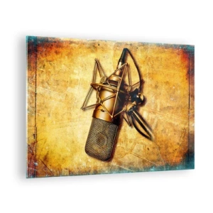 Schilderen op glas - Een gouden microfoon op een vintage achtergrond - 70x50cm - De gouden jaren van radio - Moderne wanddecoratie voor woonkamer en slaapkamer ARTTOR