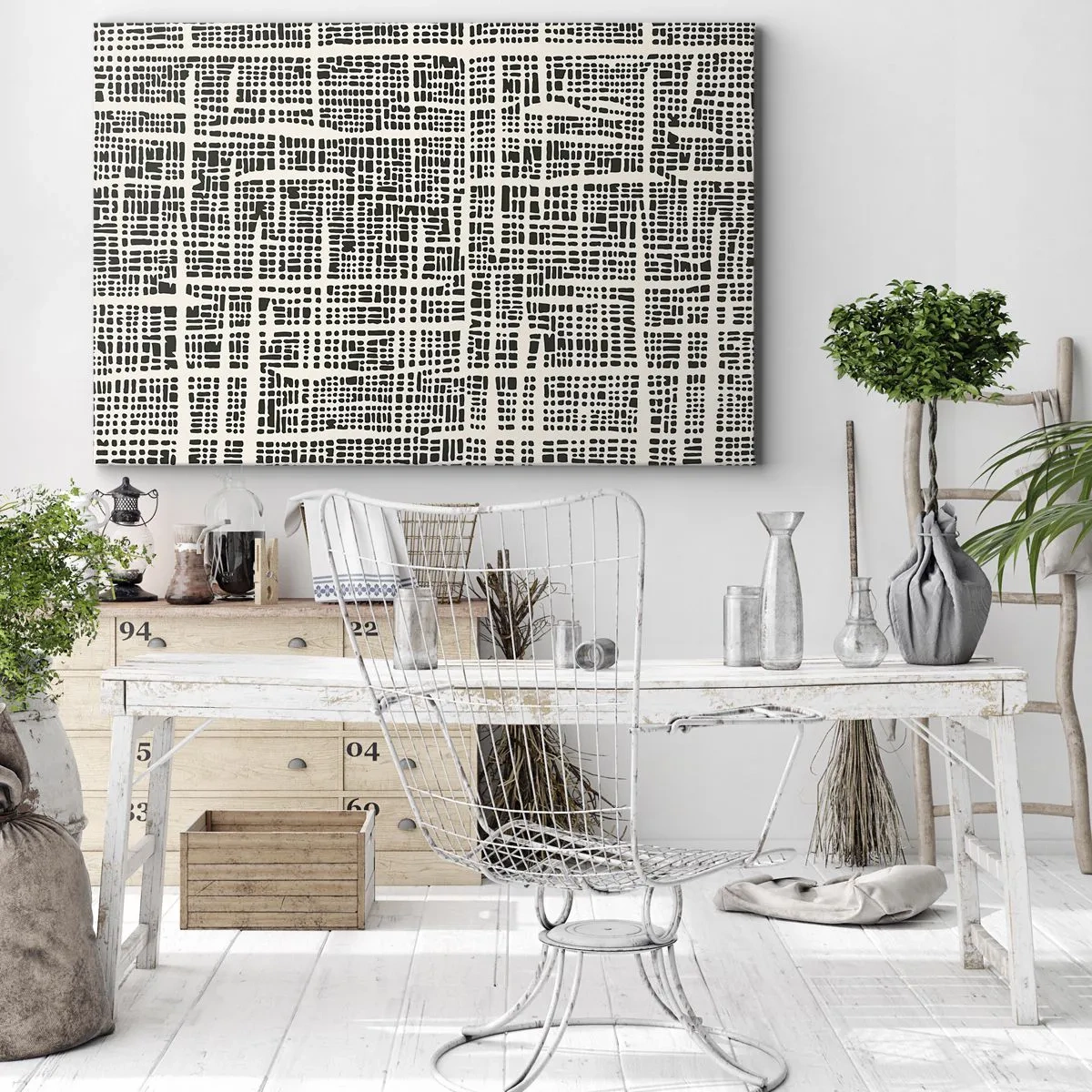 Schilderen op canvas - Een geometrisch patroon dat lijkt op een raster op een lichte achtergrond - 70x50cm - Geweven compositie - Moderne wanddecoratie voor woonkamer en slaapkamer ARTTOR
