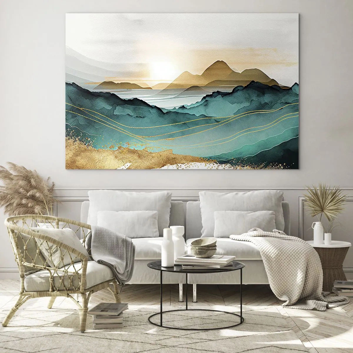 Schilderen op glas - Een goud en turquoise berglandschap in aquarelstijl. - 70x50cm - Op de rand van abstractie – landschap - Moderne wanddecoratie voor woonkamer en slaapkamer ARTTOR