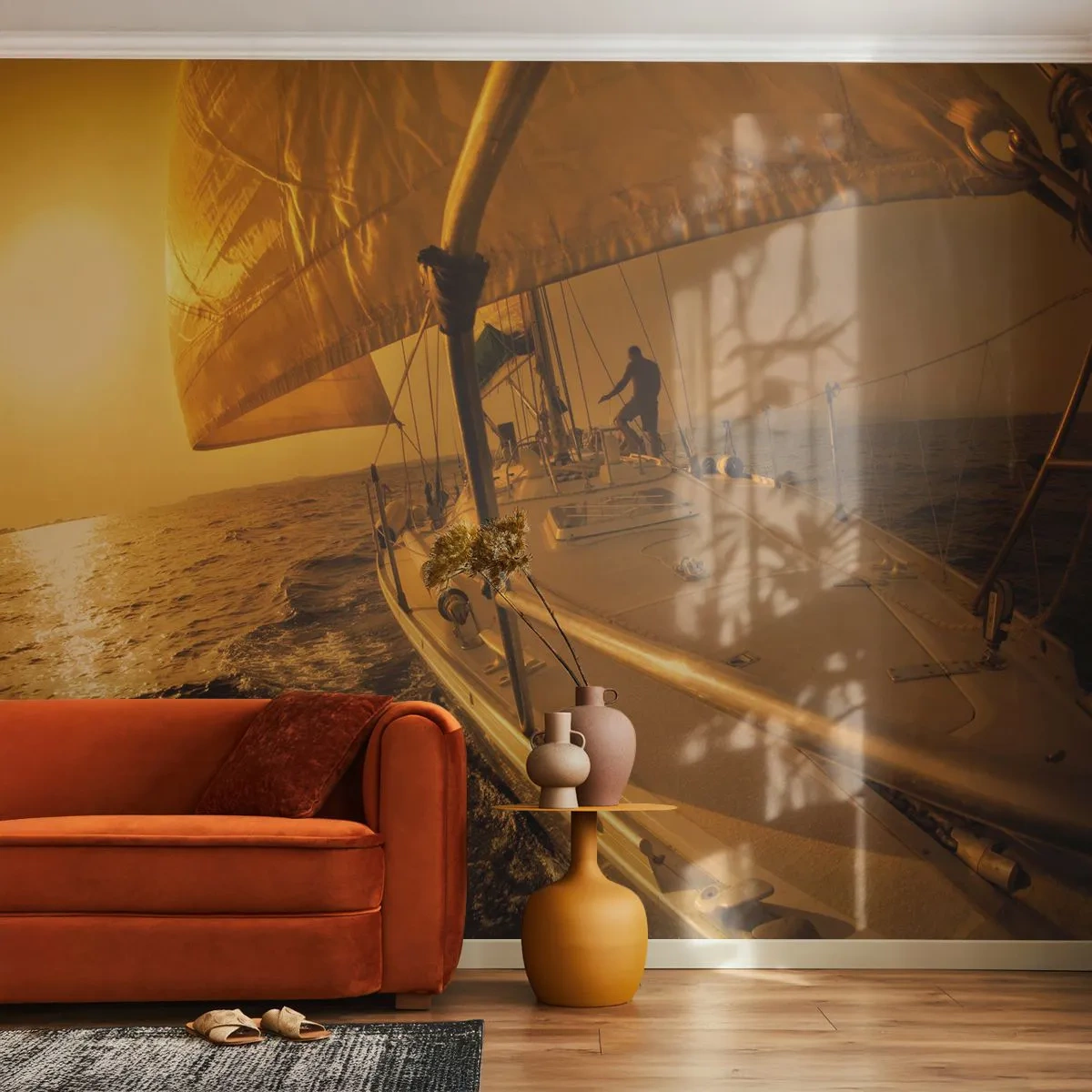 Zelfklevend Fotobehang Deluxe Sticker - Een gouden avond na een kleurrijke dag - Maritieme studies, Zeilboot, Reizen - 250x175 cm
