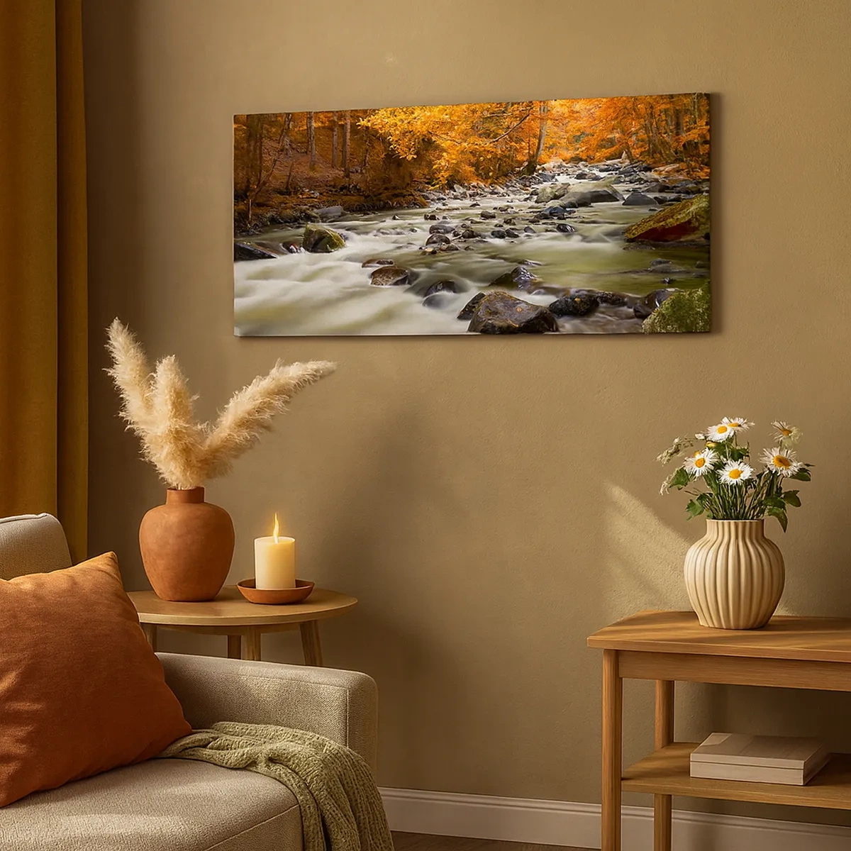 Schilderen op canvas - Een stroom in een gouden bos - 30x30 cm