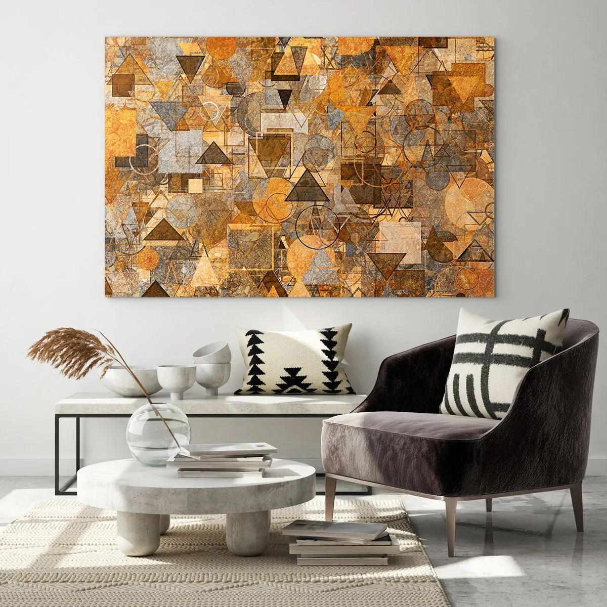 Schilderen op glas - Abstracte geometrische compositie in warme tinten - 70x50cm - De wereld in vorm - Moderne wanddecoratie voor woonkamer en slaapkamer ARTTOR