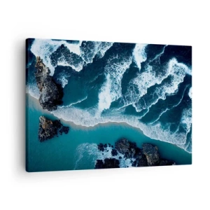 Schilderen op canvas - Luchtfoto van golven die tegen de kust beuken - 70x50cm - In golven gewikkeld - Moderne wanddecoratie voor woonkamer en slaapkamer ARTTOR