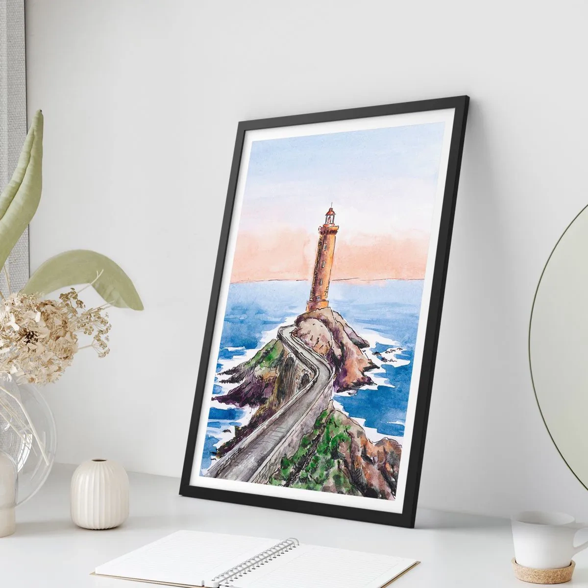 Poster in een zwarte lijst - Aquarelillustratie van een vuurtoren op een rotsachtige kust - 50x70cm - Kijkend naar de zee - Moderne wanddecoratie voor woonkamer en slaapkamer ARTTOR