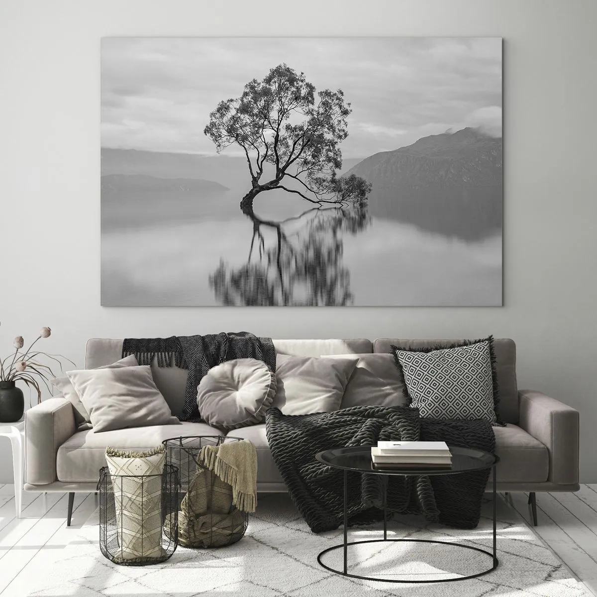 Schilderen op glas - Een eenzame boom op het water in een zwart-wit landschap - 70x50cm - Er is zo'n land - Moderne wanddecoratie voor woonkamer en slaapkamer ARTTOR