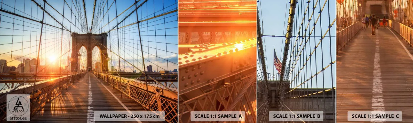 Fotobehang Monster Zelfklevend Deluxe Sticker - Op de gouden brug - New York, Brooklyn Bridge, Architectuur - 100x30 cm