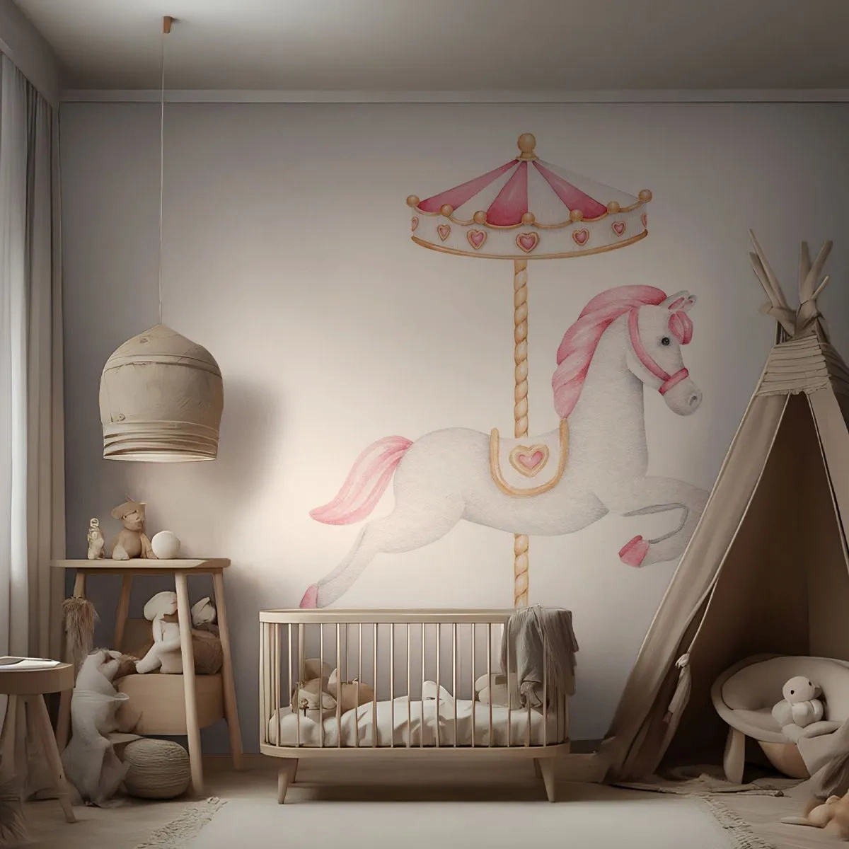 Zelfklevend Fotobehang Deluxe Sticker - Hij raakte de grond rennend - Paard, Draaimolen, Meisjesachtig - 500x350 cm