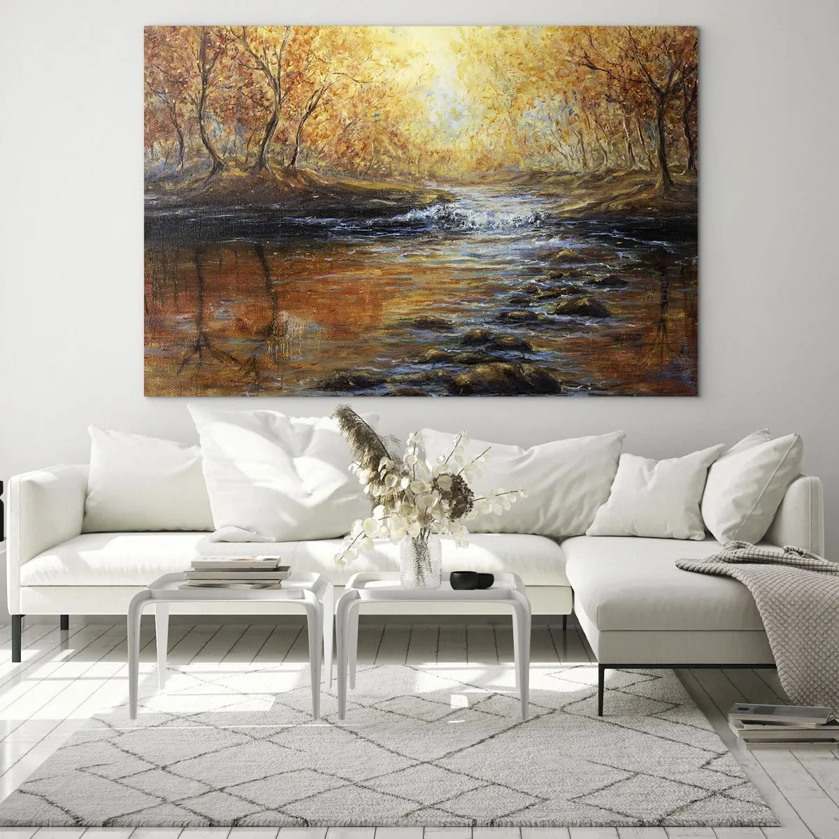 Schilderen op glas - Een gouden beek in het bos, omringd door herfstbomen - 70x50cm - De gouden stroom - Moderne wanddecoratie voor woonkamer en slaapkamer ARTTOR