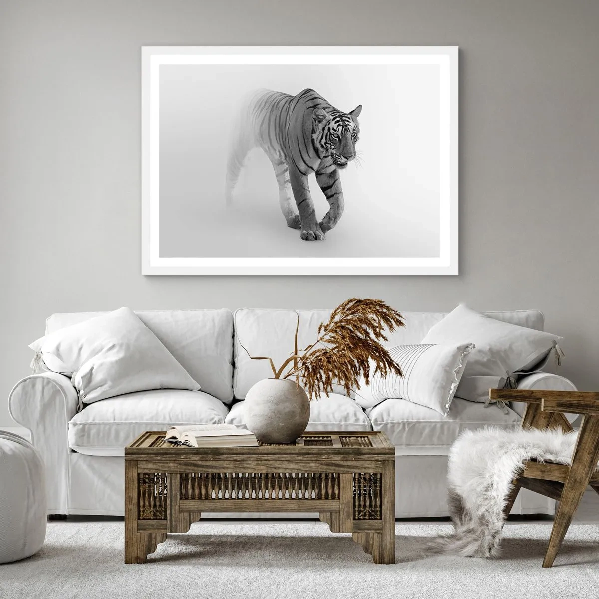 Poster in een witte lijst - Gehurkt in de mist - 50x50 cm