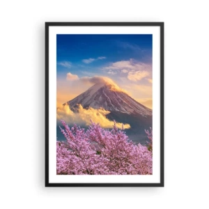 Poster in een zwarte lijst - De berg Fuji omringd door kersenbloesems bij zonsondergang - 50x70cm - Japanse heiligheid - Moderne wanddecoratie voor woonkamer en slaapkamer ARTTOR