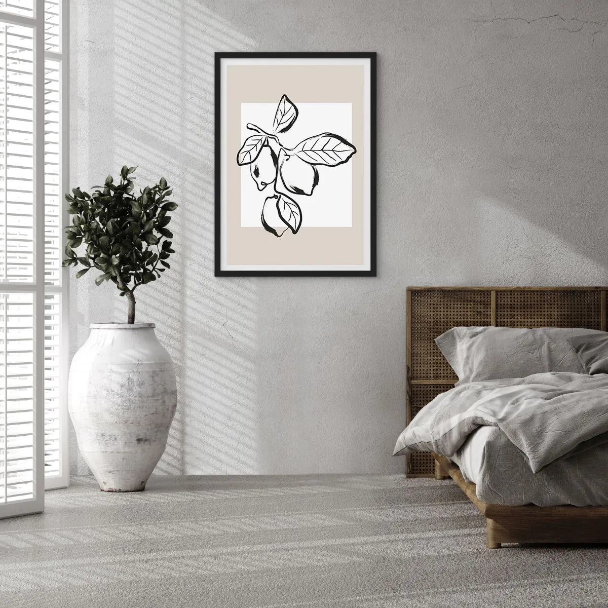 Poster in een zwarte lijst - Een minimalistische illustratie van een citroentak in zwart-witstijl. - 50x70cm - Waar de citroen rijpt... - Moderne wanddecoratie voor woonkamer en slaapkamer ARTTOR