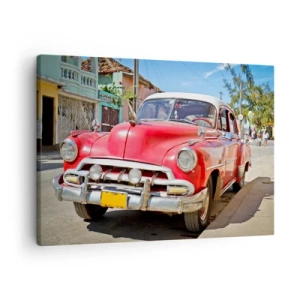 Schilderen op canvas - Een rode klassieke auto geparkeerd op straat op een zonnige dag - 70x50cm - Alleen in Cuba - Moderne wanddecoratie voor woonkamer en slaapkamer ARTTOR